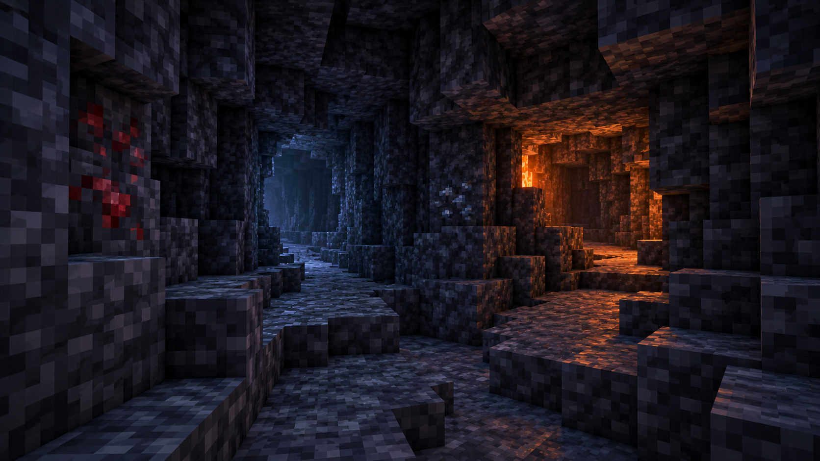 A close first-person dry tunnel fork whose cool and warm branches make route choice legible.