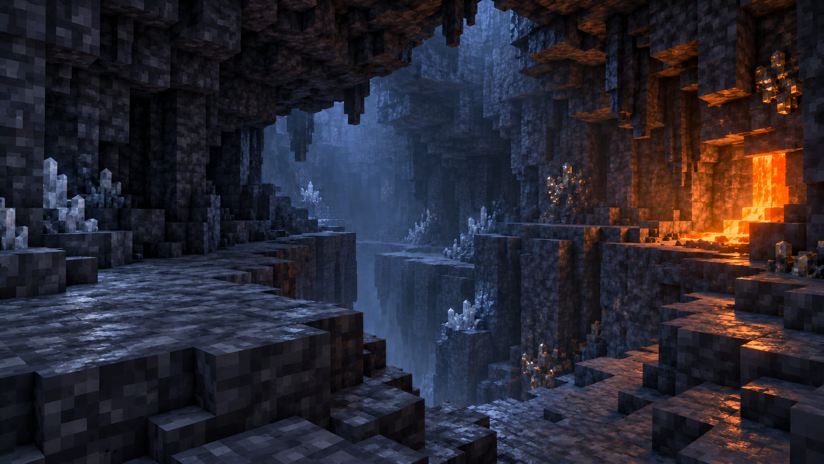 Dark deepslate ledges frame a narrow cleft, with a small lava pocket warming one wall.