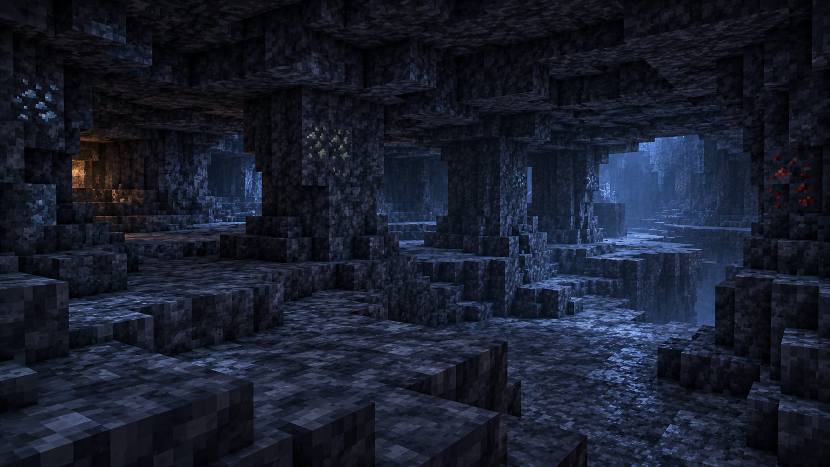 A broad but low enclosed vault with natural stone piers, repeated sheltered openings, dry layered routes and subtle embedded ores.