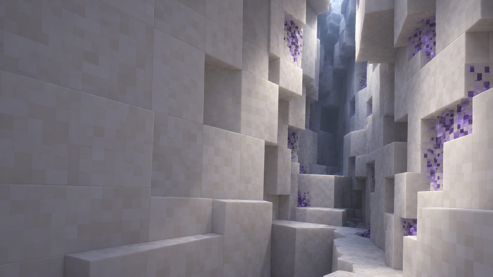 Pale quartz walls and stepped ledges enclose a rare fissure marked by violet mineral patches.