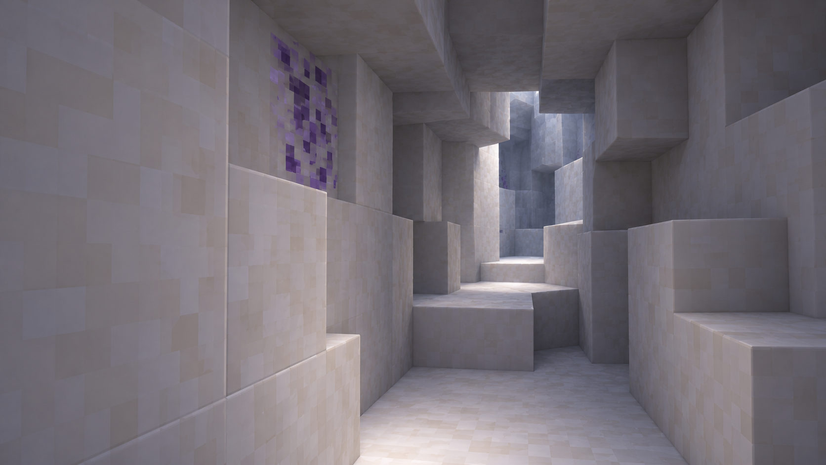 Close player-height exploration: dry footing, a one-block step, a low enclosing ceiling and a narrow onward glimpse beyond pale stone.