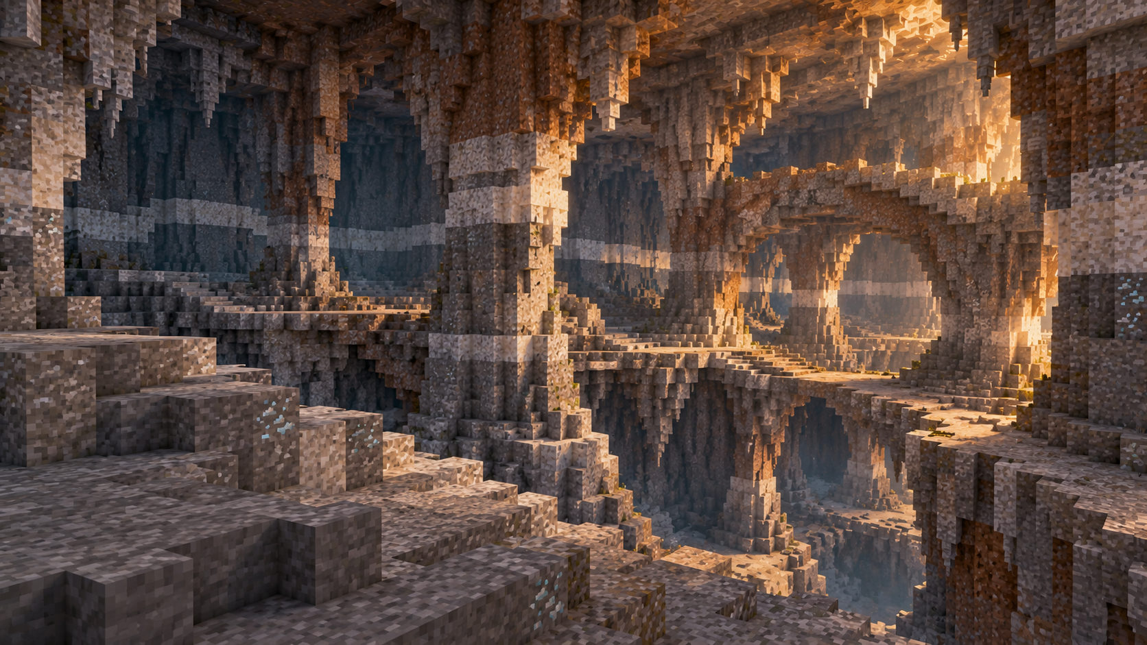 Dry fractured tuff halls with several walkable shelf levels, natural pillars and an arch; geology and route possibilities are distinct from the river and grove.