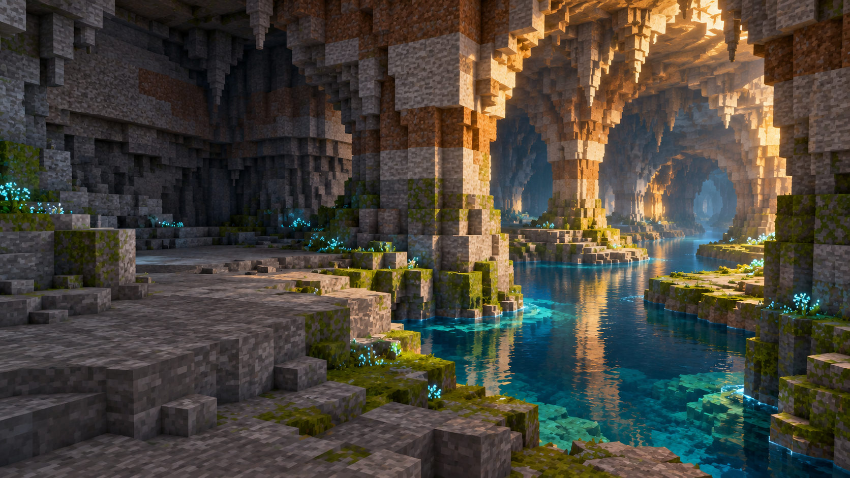 Broad stone ledges and pale pillars stand beside a clear river winding into the Deepwilds.