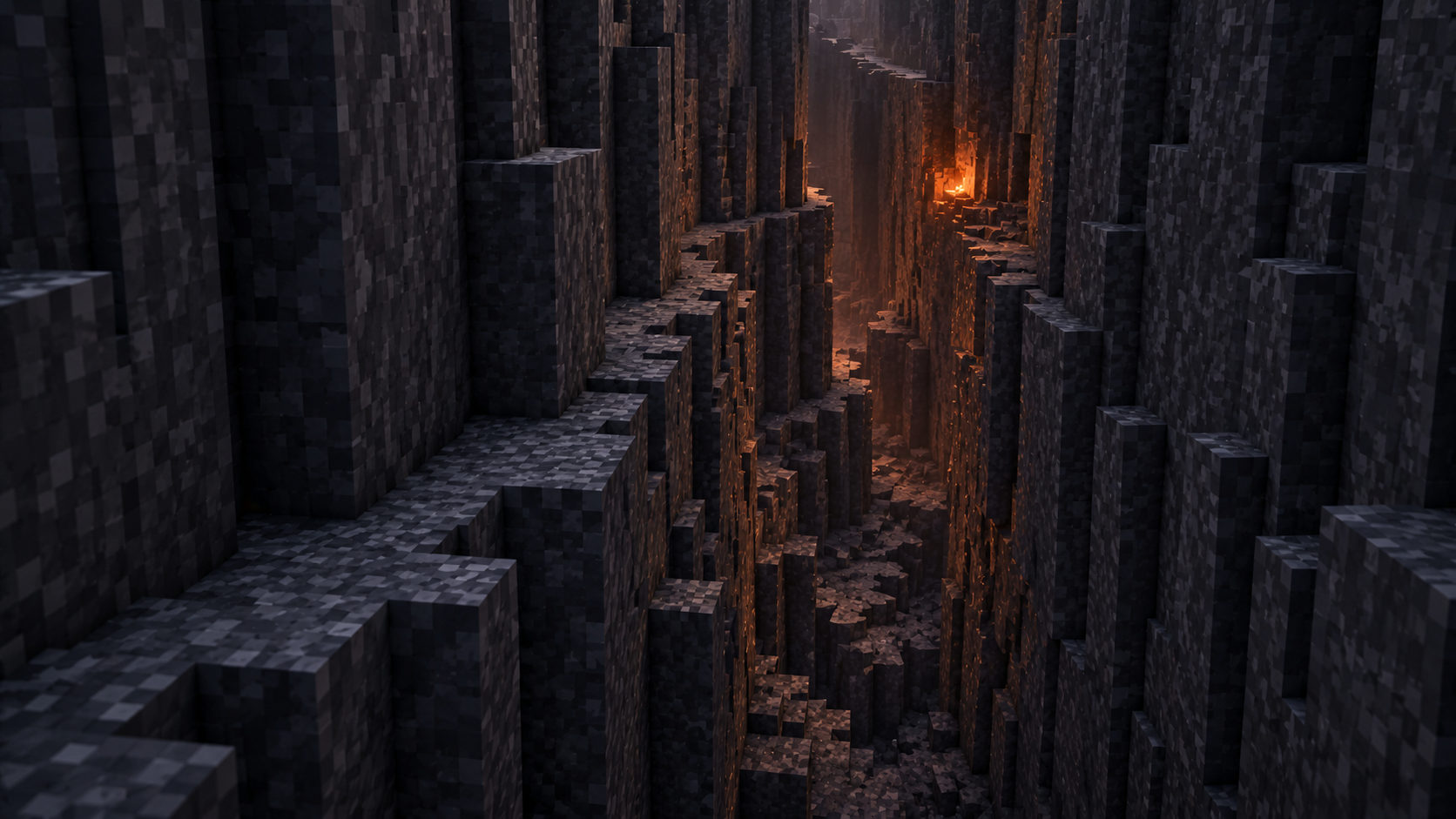 A tall but very narrow winding fault with dense basalt walls and traversable mid-level ledges.