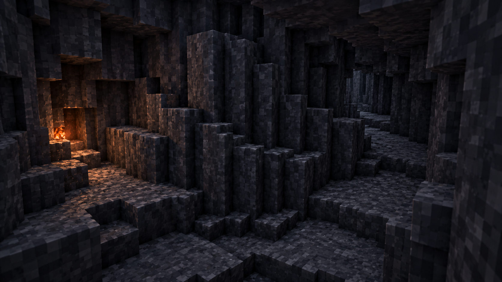 A natural compact enclosure of compressed stepped basalt ribs and folds, reached by tight routes around solid stone.