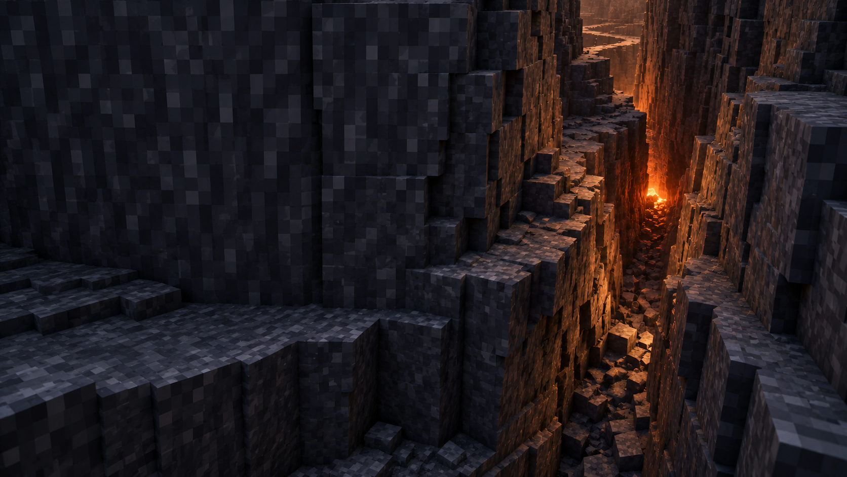 A narrow winding seam cuts through immense basalt, with a small ember pocket deep below.