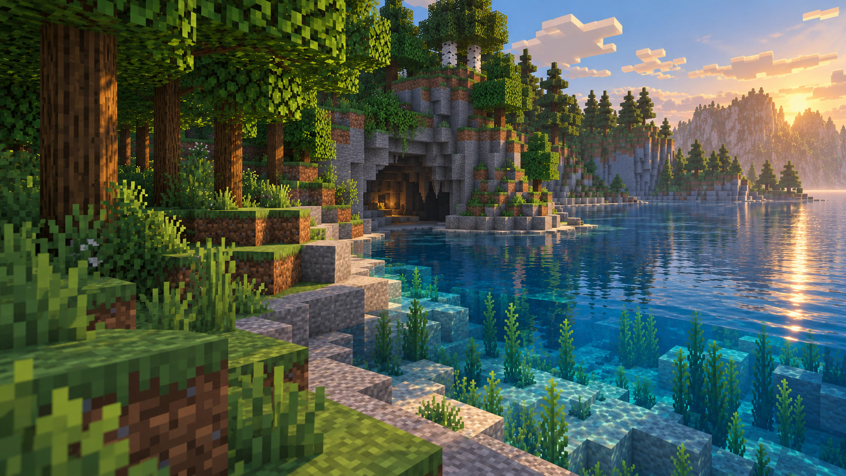 A shaded forest shoreline, a quiet cave entrance, and clear blue water catching the evening sun.