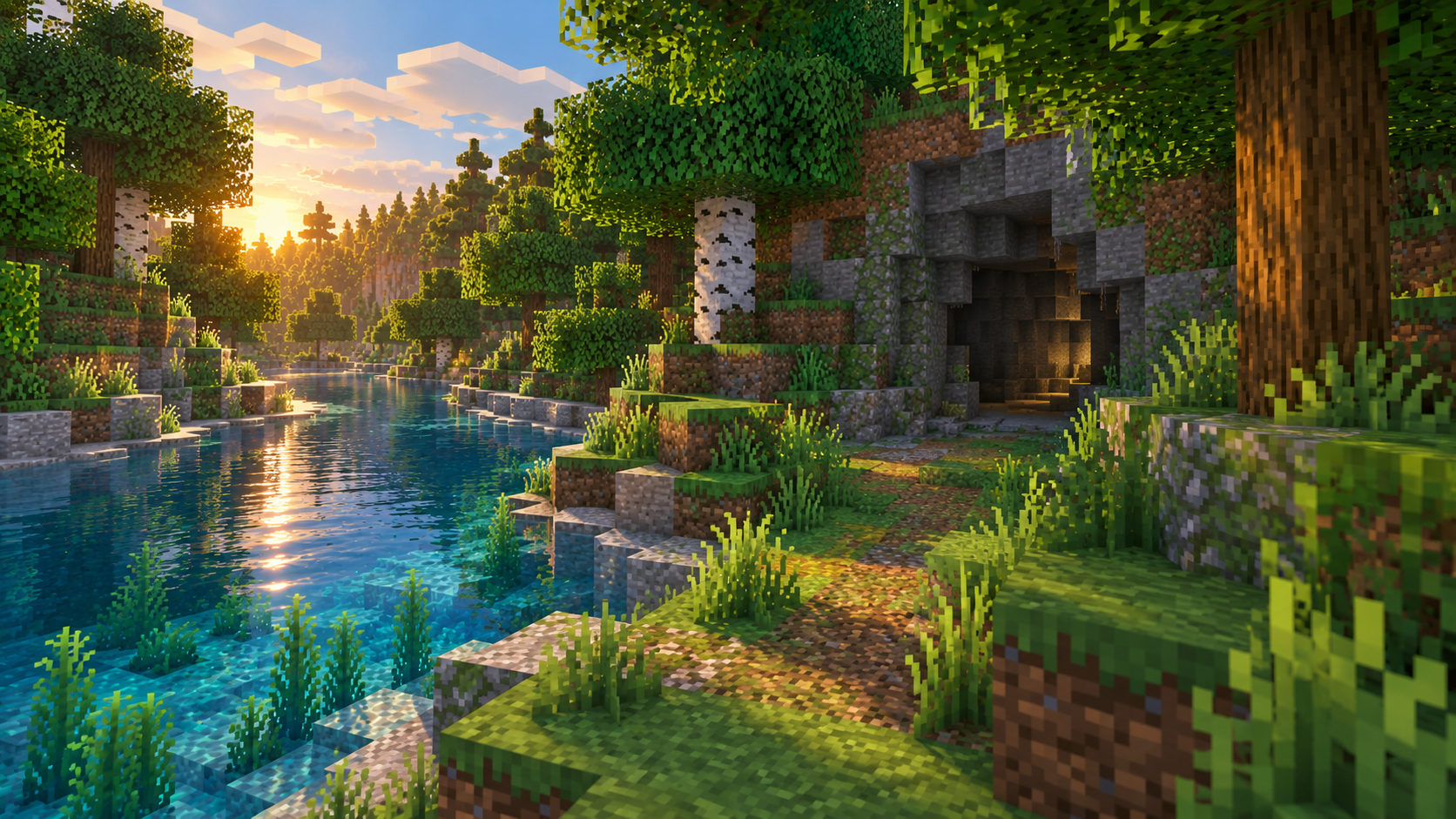 A woodland route follows clear water toward a natural entrance beneath the familiar surface.