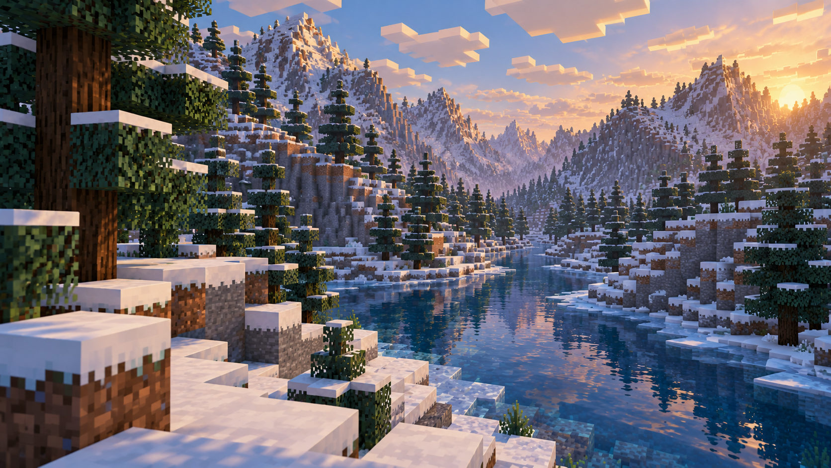 A clear river winds between snowy ridges and spruce woodland in a cold alpine valley.