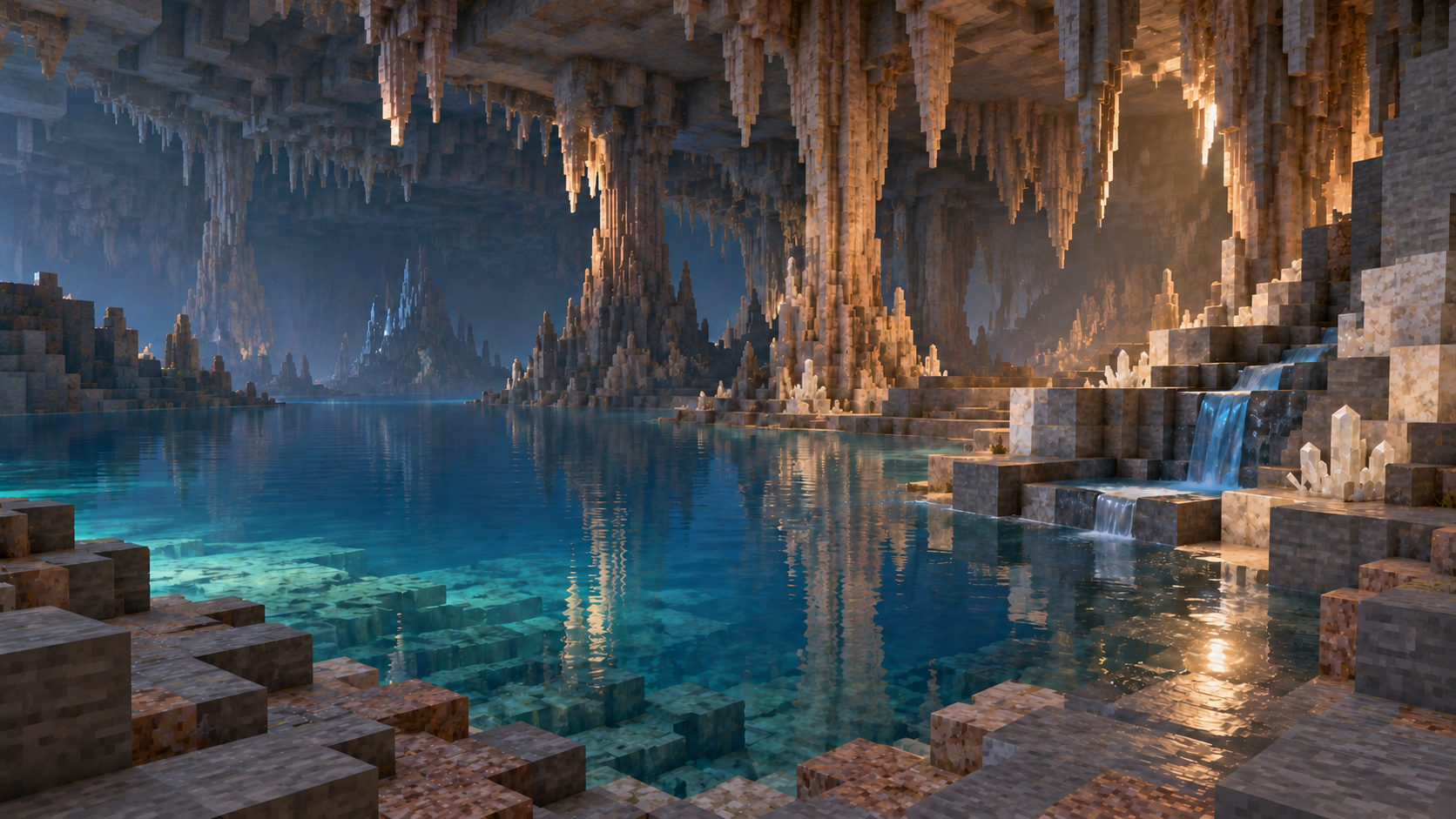 Still blue water reflects a canopy of dripstone, with stepped banks and a small falling spring.