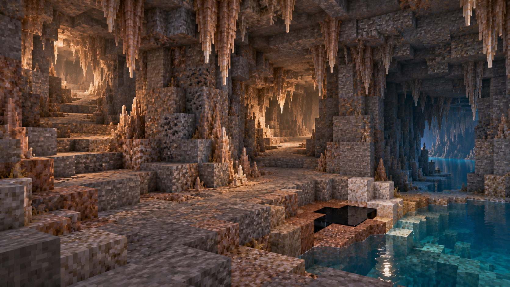 Three natural route choices at a biome contact, with a small connected lake edge, discreet confined crude-oil pocket and salt-bearing shore blocks.