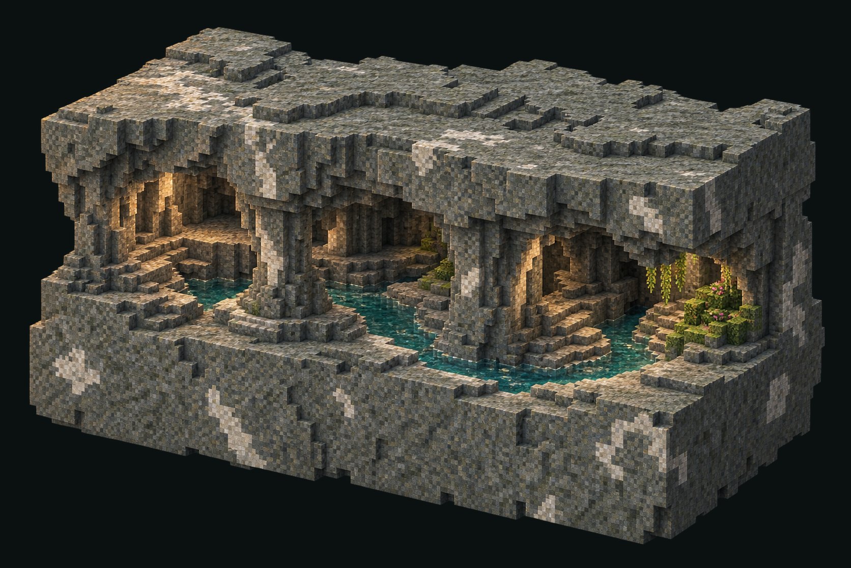 An abstract tuff cutaway with enclosed river passages, substantial pillars, stepped shelves and a small grove.